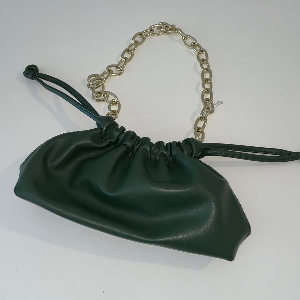 Jules Kae Brea Bag forest Green Vegan Leather clutch with detachable Gold Chain